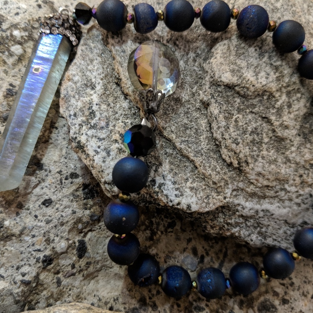 Indigo Druzy and Smokey Quartz Pendulum